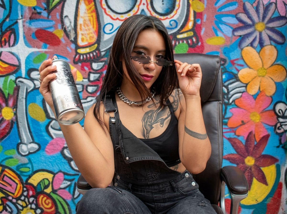 Via, artista urbana, con una lata de aerosol frente a un mural de Día de Muertos