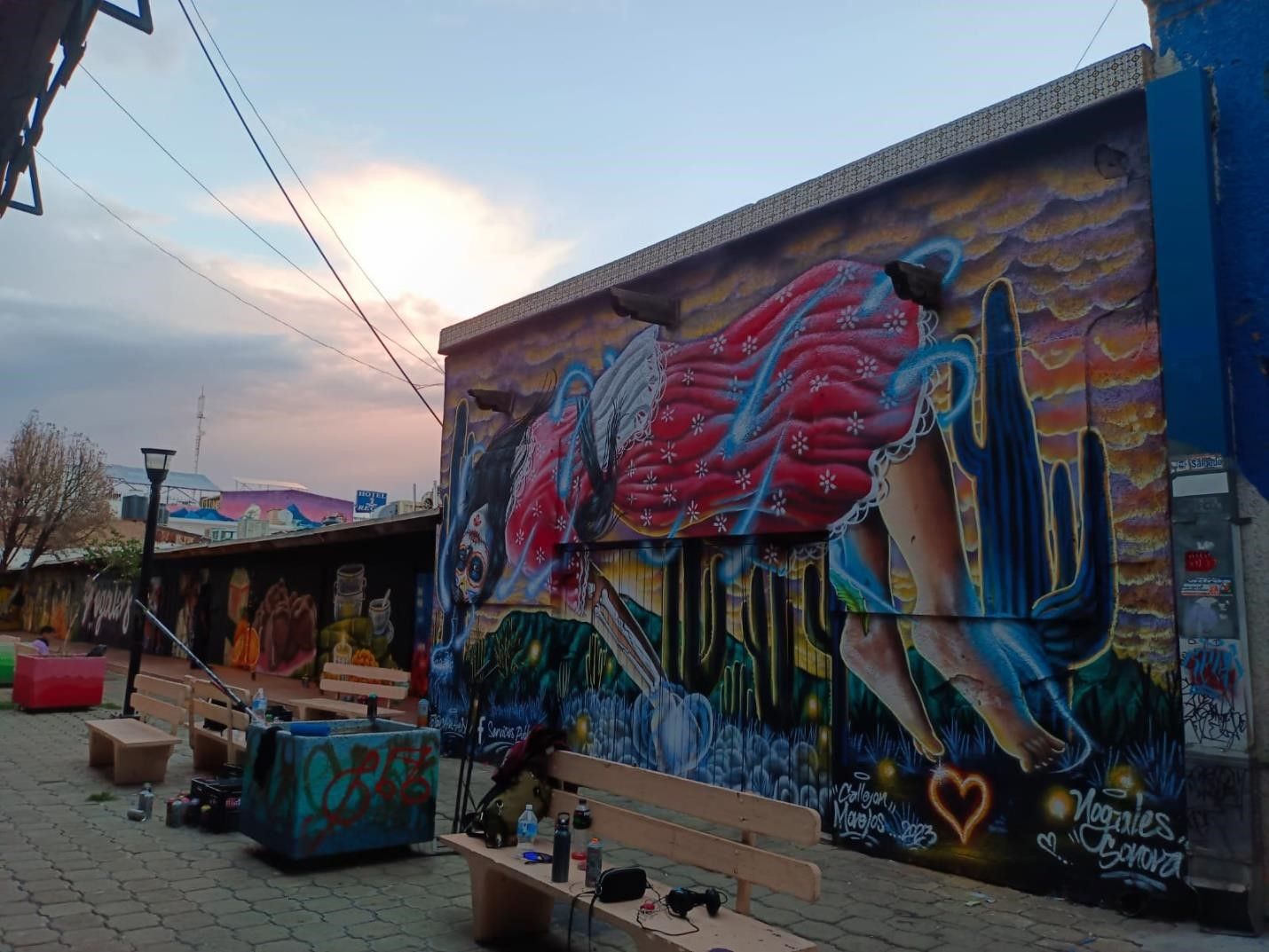 Mural nocturno con sirena y calavera pintado por Via